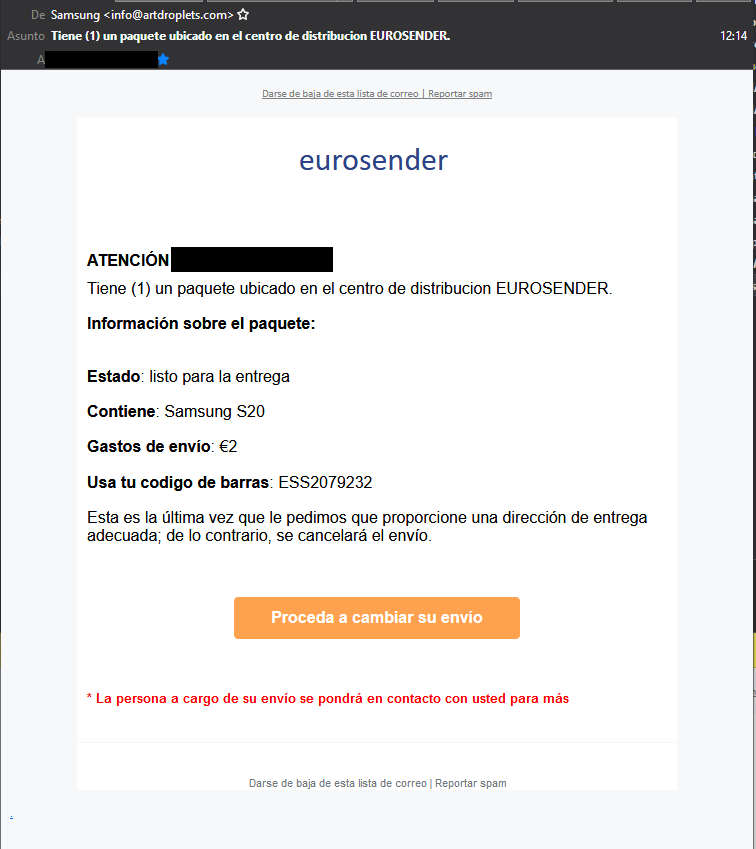 Paquete en centro distribución”. Phishing suplantando a Eurosender – Protegerse. Blog del laboratorio de Ontinet.com